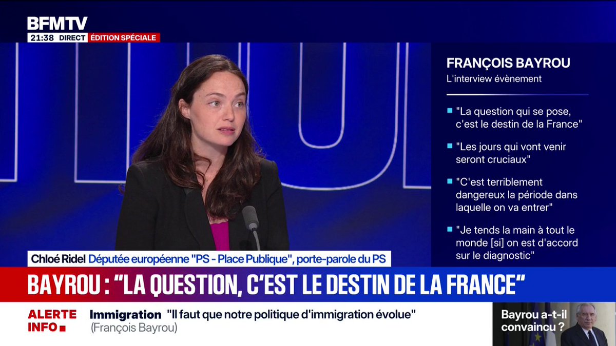 💬 "J'ai trouvé l'interview du Premier ministre crépusculaire, j'ai eu mal pour mon pays" ➡️ Chloé Ridel, porte-parole du Parti socialiste réagit à l'interview de François Bayrou