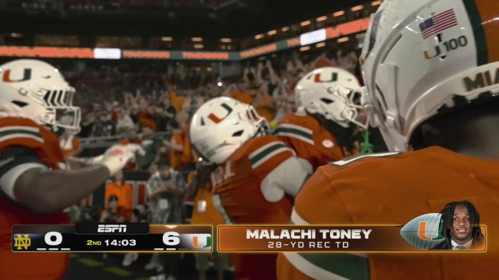 CARSON BECK TO MALACHI TONEY. THE CANES STRIKE FIRST 🔥 Watch Notre Dame-Miami on ABC and the ESPN App: