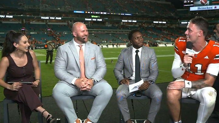 "TALK IS CHEAP, ACTION IS EXPENSIVE." Carson Beck is fired up after Miami Hurricanes Football's 27-24 win over Notre Dame 🙌