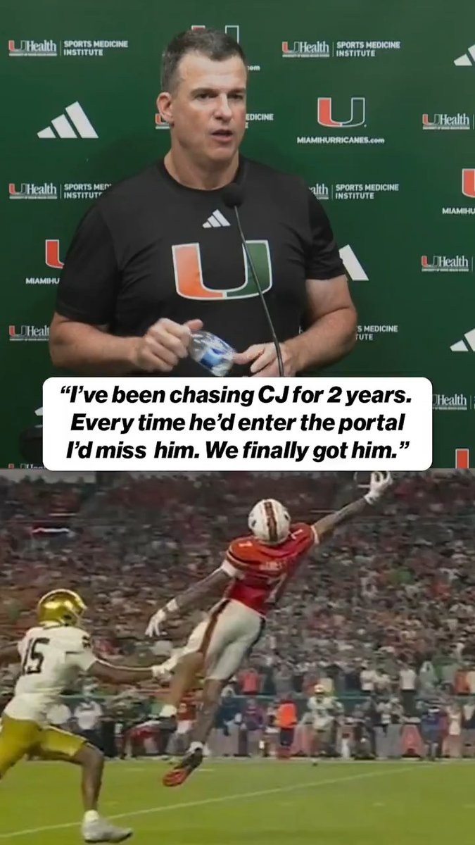 "I've been chasing CJ for 2 years. Every time he'd enter the portal, I'd miss him. We finally got him... And what a play he made." 🙌 Miami Hurricanes Football Head Coach Mario Cristobal talks about CJ Daniels' unreal catch and the impact he's had on the team ⬇️