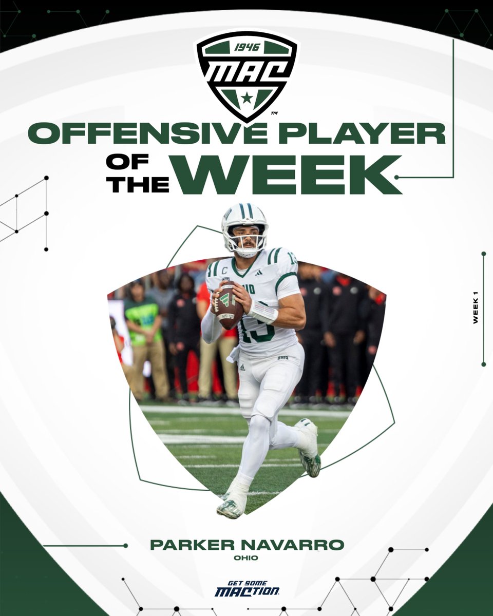 🏈 MAC Offensive Player of the Week 🏈 Ohio QB Parker Navarro threw for 239 yards and 3 TD's while adding 93 rushing yards and a score vs. Rutgers - the most rushing yards by any player in the game. Ohio Football | #MACtion