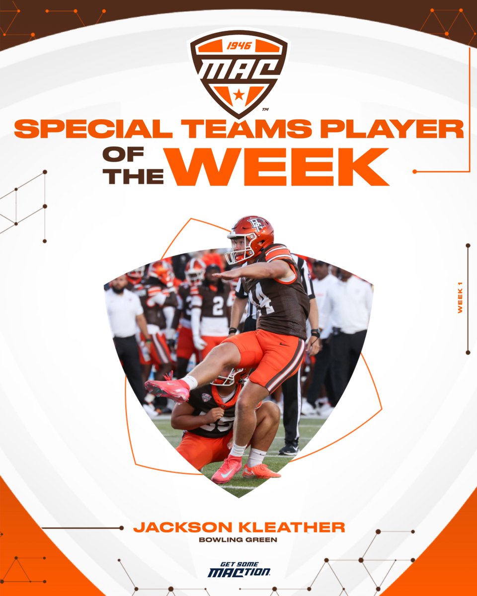 ๐ MAC Special Teams Player of the Week ๐ BGSU kicker Jackson Kleather scored 14 points in the Falconsโ win. He went 4-for-4 on FG's, including a career-long 56-yarder -- the longest by a Falcon since 1995 and the longest in the MAC this week. BGSU Football | #MACtion