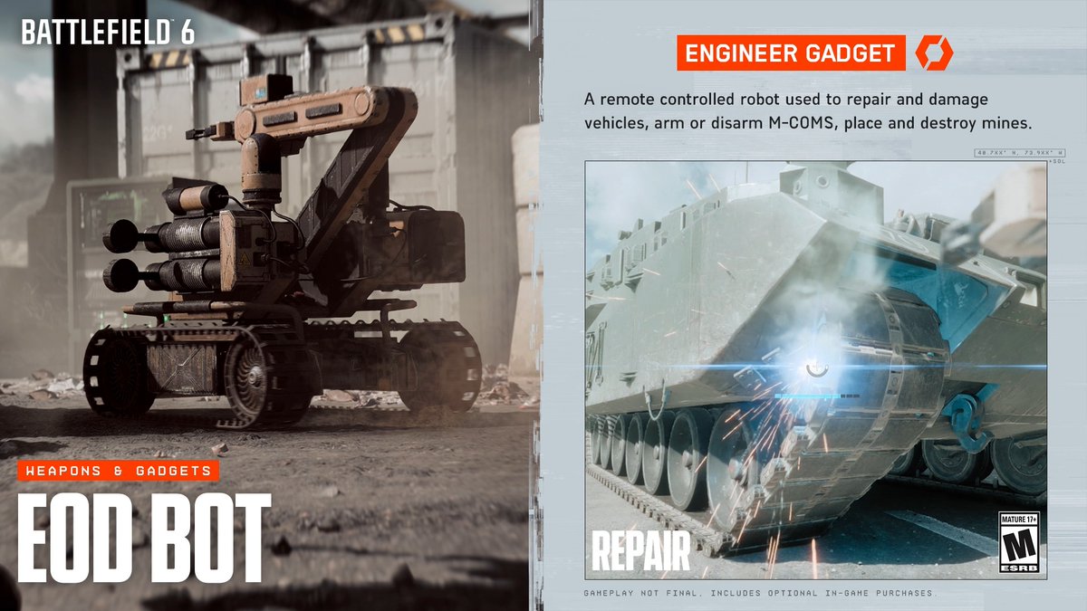 ๐ ๏ธ Repair & Destroy Vehicles ๐งจ Arm M-COMs โ๏ธ Disarm M-COMs ๐ฅ Drop & Destroy mines ๐ ...Maybe a little more Every Engineer's best friend is back looking better than ever before in #Battlefield 6 โ๏ธ