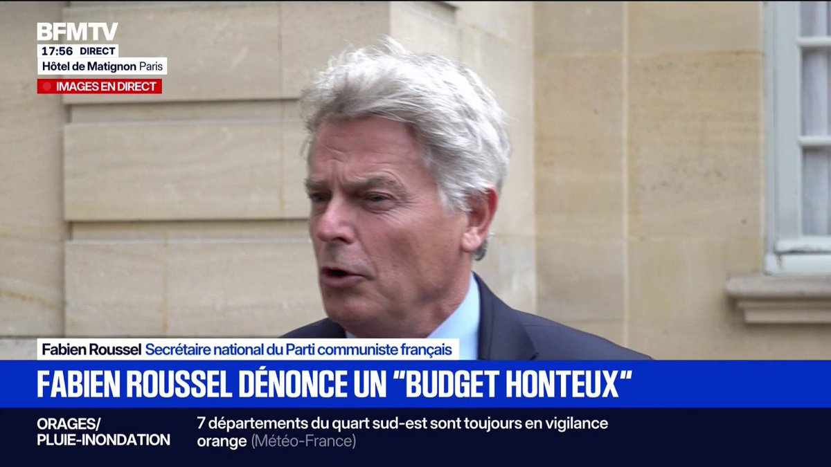 "On n'a pas senti d'ouverture ou de changement", affirme Fabien Roussel, secrétaire national du Parti communiste, à la sortie de son rendez-vous avec François Bayrou