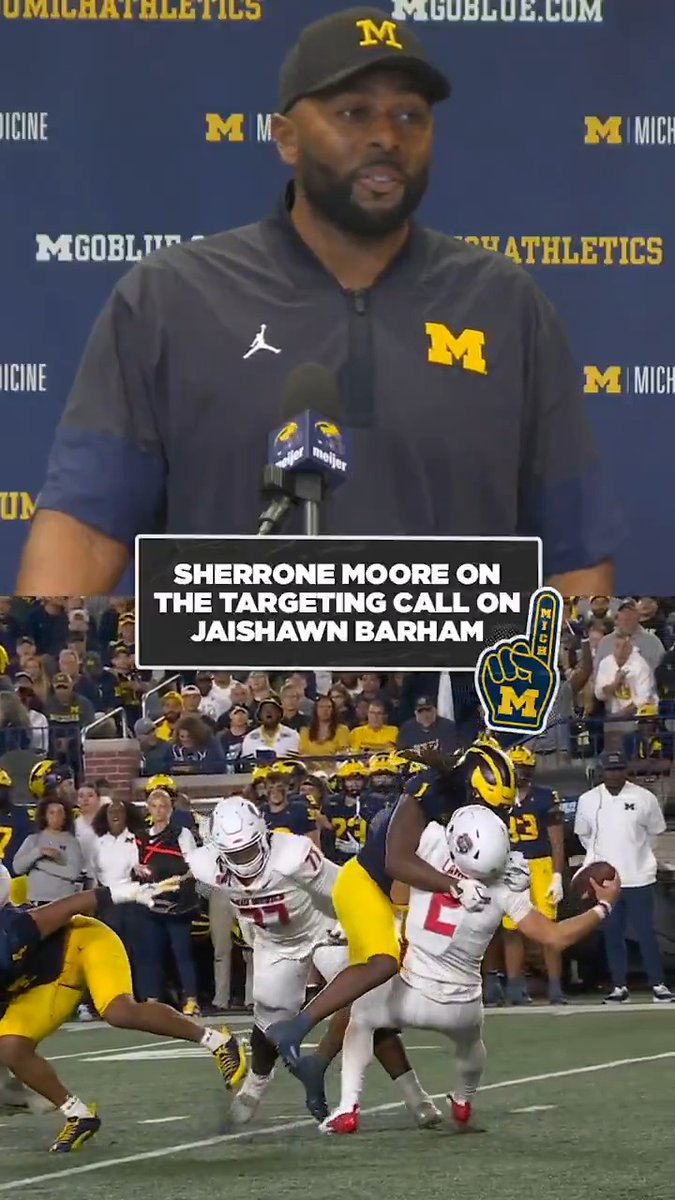 “It’s a rule we have to get changed, and we have to look at in college football. Just for the general-the game-the toughness of the game; how you want to teach tackling.” Sherrone Moore on the targeting call on Jaishawn Barham vs New Mexico.