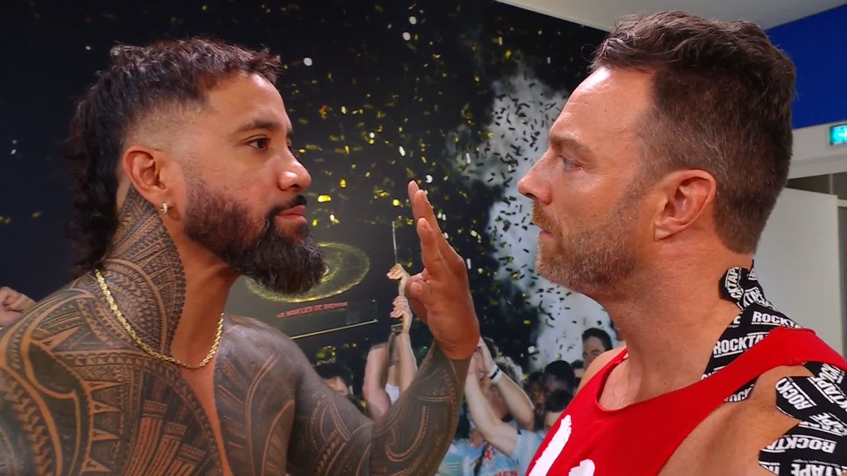This will be interesting. Things are getting tense between Jey Uso and LA Knight ahead of the main event... 😬