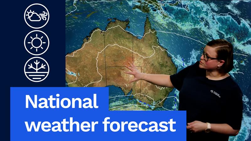 National Weather Forecast: Showers in the SE and west, settled elsewhere. Video current as of 12:00 pm AEST Tuesday 2 September 2025. For the latest forecasts and warnings go to our website or the BOM Weather app.