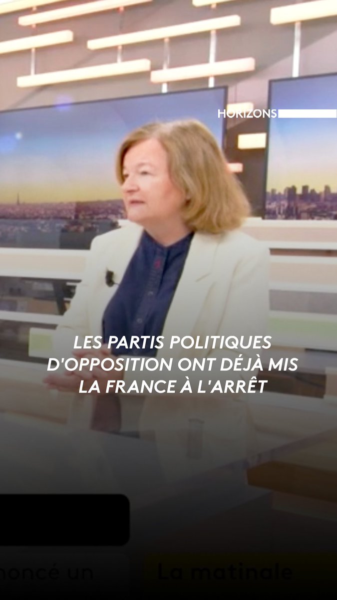 « Les partis politiques d'opposition ont déjà mis la France à l'arrêt. Le reste du monde et de l'Europe avance. Nous ne pouvons pas rester en retard et continuer à vivre au-dessus de nos moyens. » — Nathalie Loiseau, invitée d'Alix Bouilhaguet sur #franceinfo.