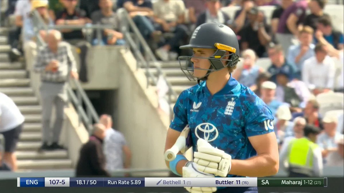 England are five wickets down within 20 overs as Keshav Maharaj dismisses Jacob Bethell!