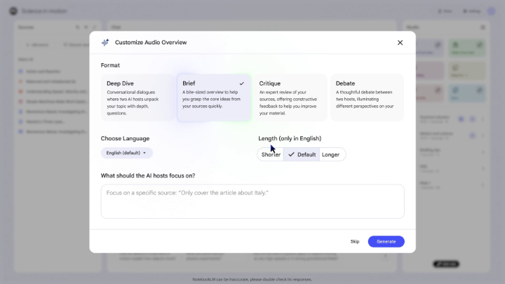 🚨Rolling out NEW audio overview formats: (Default) Deep Dive: a thorough examination of your sources Brief: 1-2 minute, bite-sized overviews Critique: an expert review, offering constructive feedback on your material Debate: a thoughtful debate between two hosts