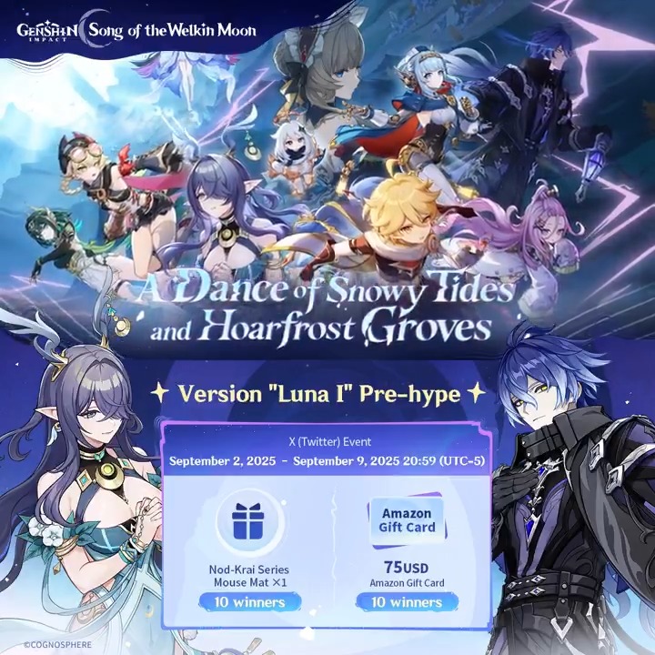 ✨Version "Luna I" Pre-hype✨ 🎁Participate in the event for a chance to win a official merchandise or a $75 Amazon gift card. How to Participate: ① Follow Genshin Impact ② Repost this post You can instantly check the event results: #GenshinImpact