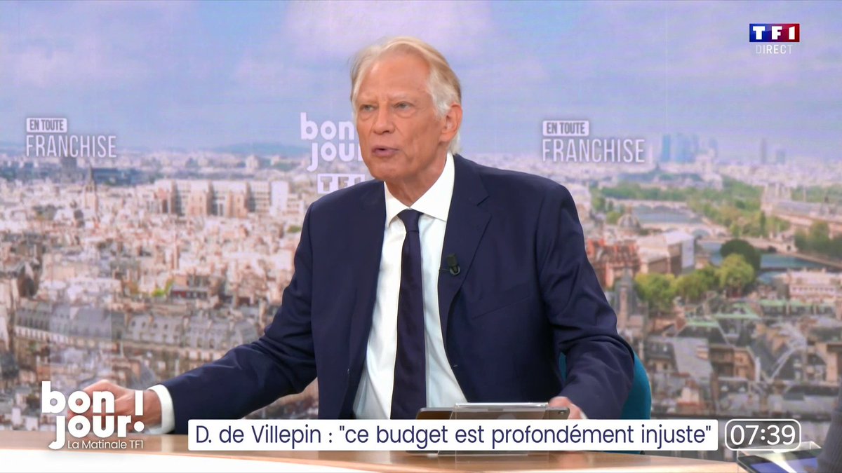 "Il faut construire un budget qui soit un budget de redressement financier (...) Ça suppose un effort de justice en demandant plus à ceux qui ont plus", Dominique de Villepin qui voit dans le budget de François Bayrou "un déni de démocratie" #BonjourLaMatinaleTF1
