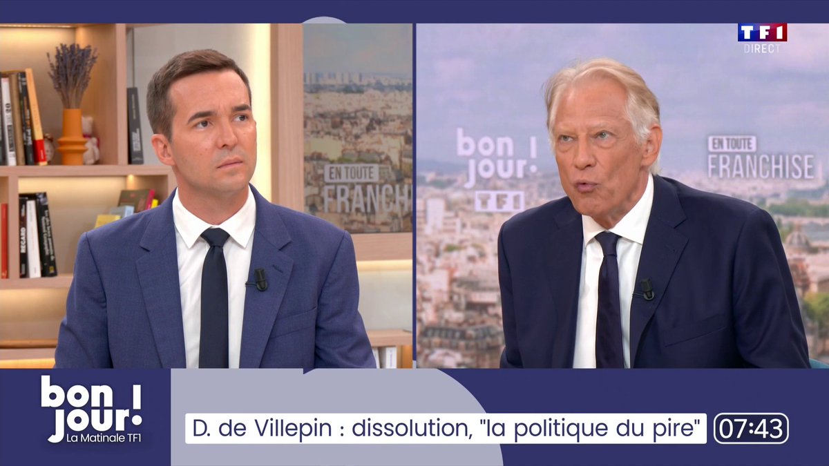 "Le président de la République n'a pas écouté les Français en 2024, il a mordicus tenu à défendre sa politique qui a été désavouée (...) Le président rend impossible la constitution d'une alternative à la politique qu'il a menée", Dominique de Villepin dans #BonjourLaMatinaleTF1