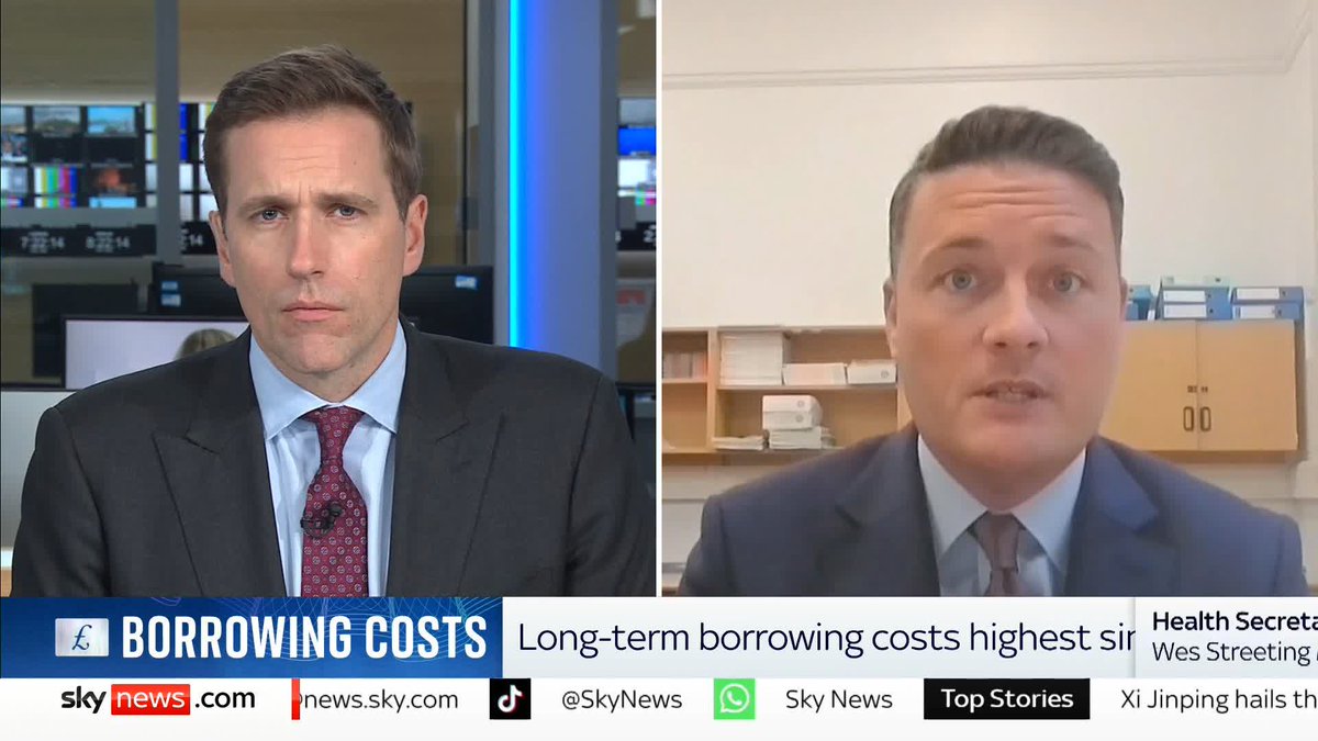 "You can't tax, spend or borrow your way out of the countries problems" Health Secretary Wes Streeting speaks on long term borrowing costs being at its highest since 1998, and how Rachel Reeves will bring stability to the economy 📺 Sky 501