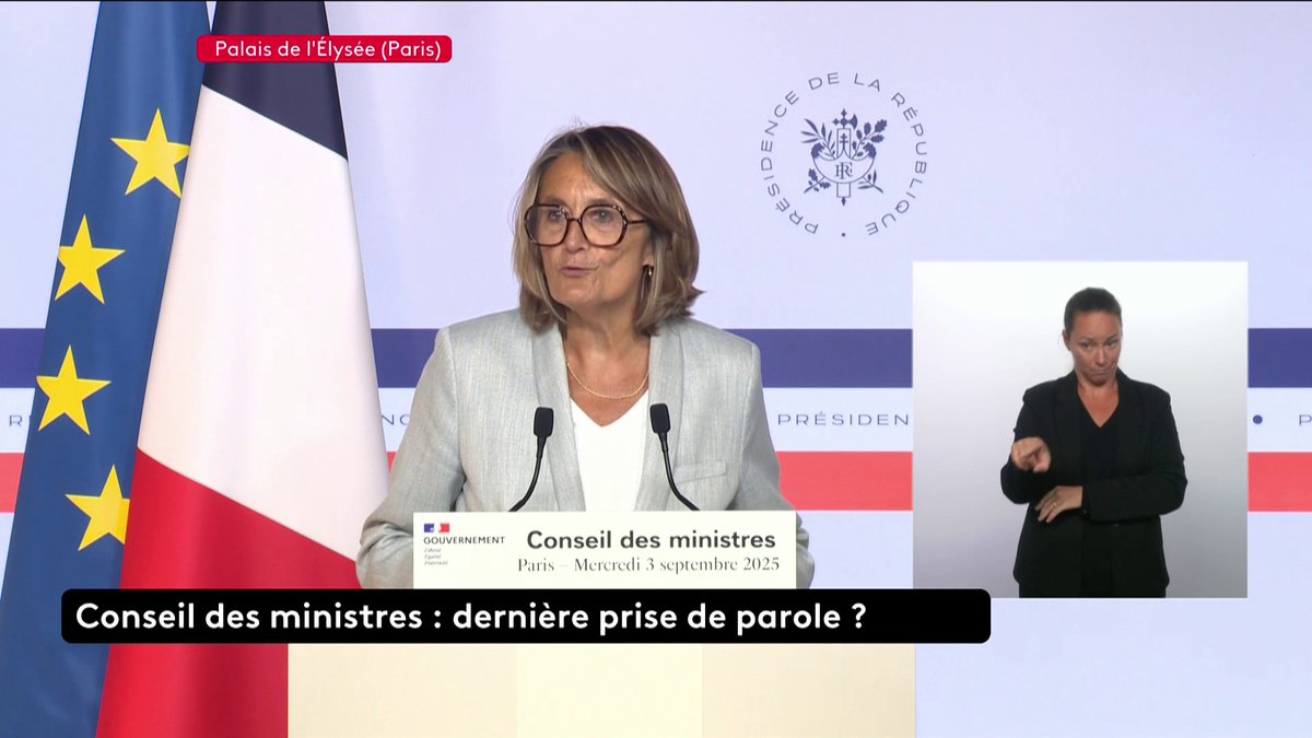🔴 Conseil des ministres : dernière prise de parole ? "Je rappelle une fois de plus, que lors du vote [de lundi prochain] les députés n'auront pas à se prononcer pour un contre François Bayou ou pour ou contre un budget." rappelle Sophie Primas, porte parole du gouvernement.