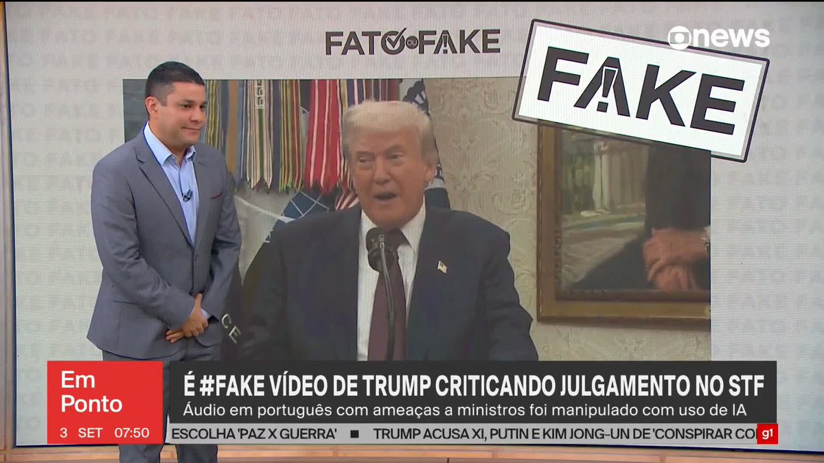 É #FAKE vídeo de Trump criticando em português julgamento de Bolsonaro no STF; áudio foi manipulado por IA. #GloboNewsEmPonto ➡ Assista na #GloboNews: