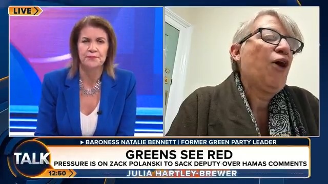 Julia Hartley-Brewer grills former Green leader Natalie Bennett over whether deputy party leader Mothin Ali should be in office after 'justifying October 7th attacks'. Bennett: "I have a view that Mothin is an absolutely brilliant community leader in Leeds." Julia Hartley-Brewer