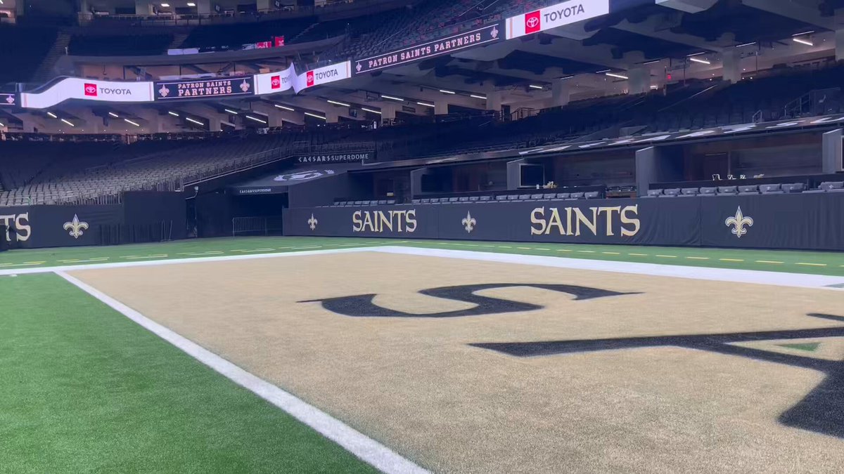 For the first time since the Saints were in Super Bowl 44, the end zone is painted black and gold for the Saints.