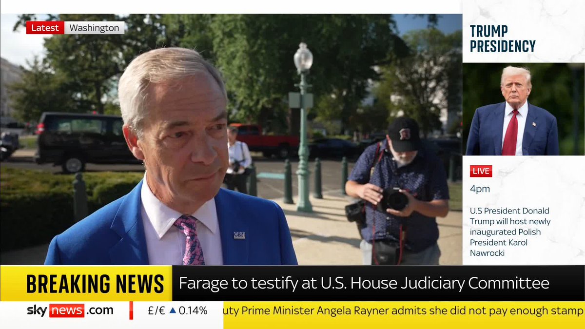 BREAKER: Nigel Farage speaks to Sky's Mark Stone live on the ground in Washington. The Reform UK leader discussed internet safety, rumoured trade sanctions and mass immigration 📺 Sky 501 and YouTube