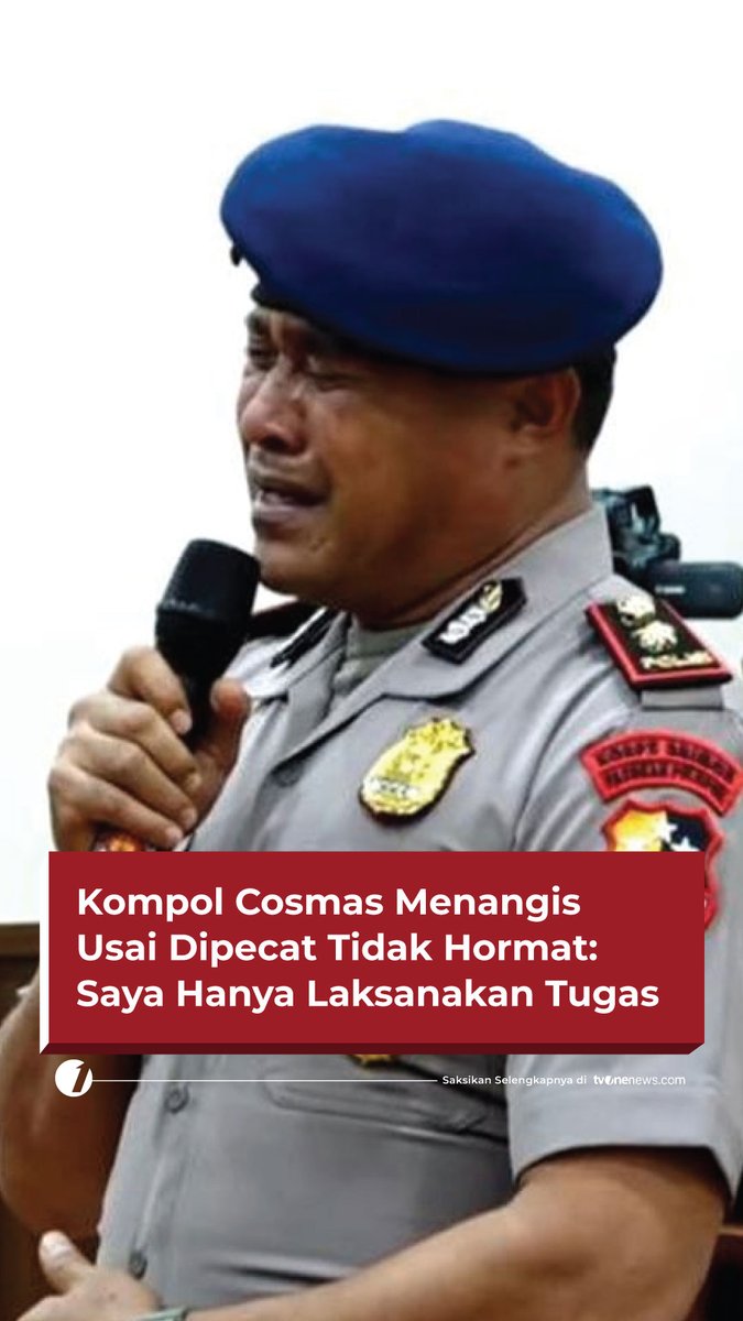 Danyon Resimen 4 Korps Brimob, Kompol Cosmas Kaju Gae menangis sesenggukan saat Sidang Komisi Kode Etik Polri (KKEP) yang digelar Rabu (3/9/2025) resmi memutuskan pemecatan tidak dengan hormat (PTDH) terhadap dirinya. Pada Sidang tersebut, Kompol Cosmas menegaskan bahwa dirinya hanya menjalan tugas sesuai perintah atasan. "saya hanya melaksanakan tugas dan tanggung jawab sesuai perintah institusi dan perintah komandan secara totalitas" Ujar Cosmas Cosmas juga menyampaikan rasa duka cita kepada keluarga Affan Kurniawan dan menegaskan bahwa insiden ini tidak pernah ia rencanakan. Simak berita lainnya di #HardNews_Demonstrasi #FlashOne #CariBeritaditvOne #KompolCosmas #PTDH #KodeEtikPolri #FO04