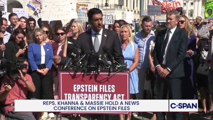 Rep. Ro Khanna: We are demanding today that all of the Epstein files be released. We have 212 Democrats and 4 Republicans. We need just two more signatures to force the release, so we gather here to confront these corrupt forces. Today we stand with survivors. We stand to protect America's children.