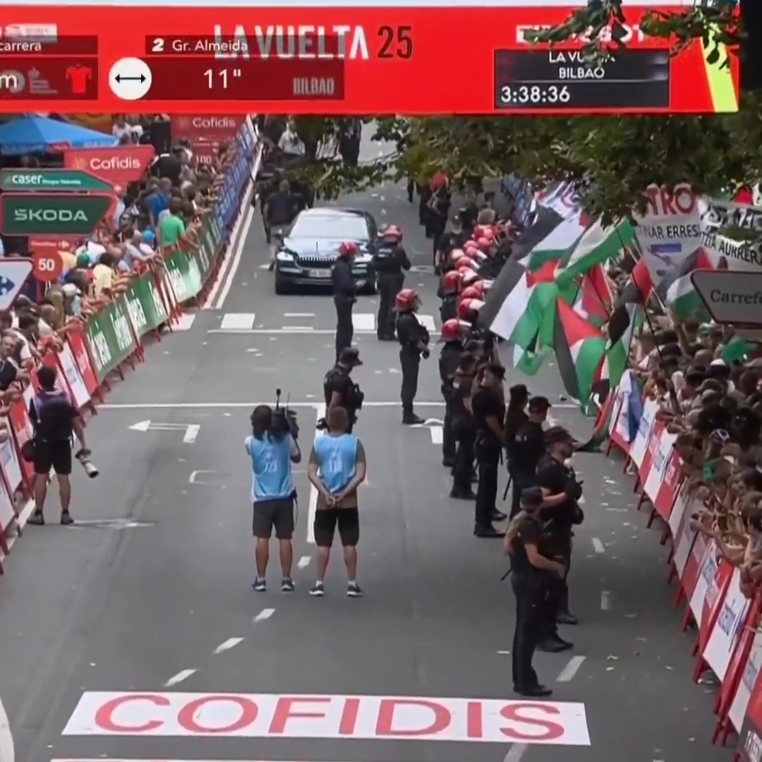 Stage 11 of the Vuelta a Espana will have no race winner and GC times were taken at 3km to go due to protests at the finish line. #LaVuelta25