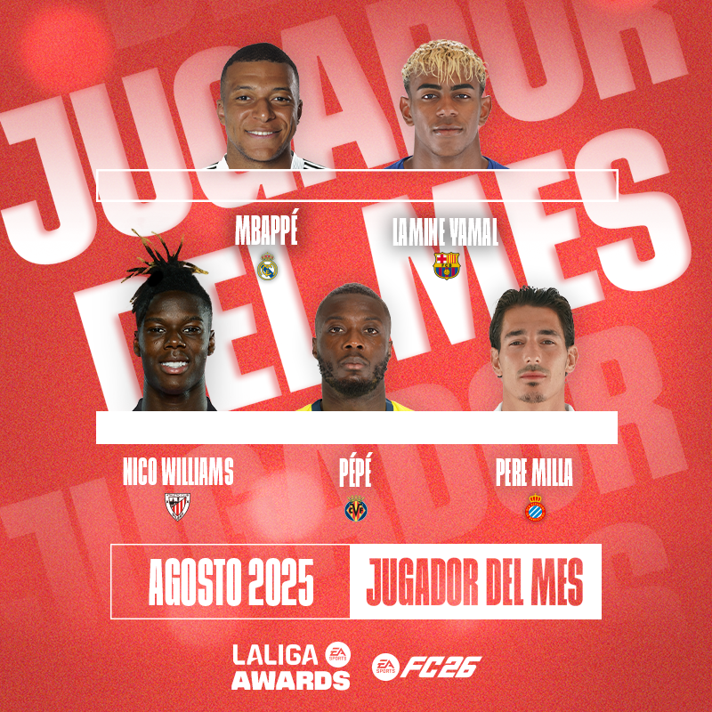 👀 Estos son los nominados al 𝐉𝐔𝐆𝐀𝐃𝐎𝐑 𝐃𝐄𝐋 𝐌𝐄𝐒 de agosto en #LALIGAEASPORTS! 🌟 Nicolas Pepe 🌟 Kylian Mbappé 🌟 Lamine Yamal 🌟 Nicolas Williams 🌟 Pere Milla #LALIGAPOTM | #PREMIOSLALIGA | EA SPORTS FC ESPAÑA