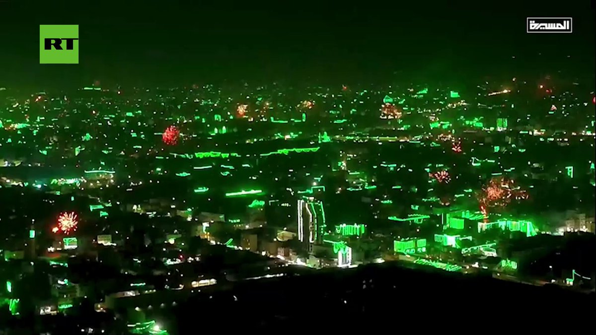 Fireworks dazzle as Yemen's Sanaa glows in all green in breathtaking festivities In celebration of the birthday of the Prophet Muhammad Green color holds profound significance in Islam