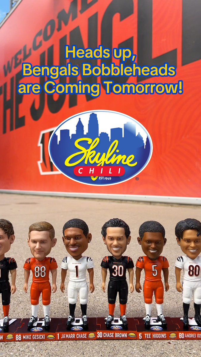 Get ready, Cincinnati Bengals fans! Starting tomorrow, we're bringing the heat with NEW Bengals bobbleheads coming to a Skyline near you! A new player will be released weekly. Don't miss out on collecting all 6! 🏈 ​ Each bobblehead box includes a QR code you can scan for a chance to win exclusive Bengals gear (like a Ja'Marr Chase autographed jersey 👀) and Game Dey tickets!​ Available at participating Skyline restaurant locations while supplies last.