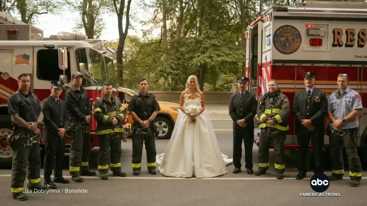 Kristin Marino lost her father Kenneth, a firefighter, on 9/11. David Muir shares the touching moment his FDNY colleagues showed up for Kristin on her wedding day — and brought dad to the wedding. #AmericaStrong .