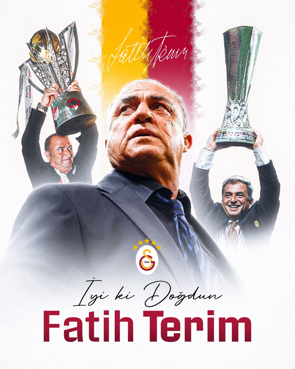 Bugün, Galatasarayımıza futbolcu ve teknik direktör olarak hizmet ederek unutulmaz başarılara imza atan efsanemiz Fatih Terim’in doğum günü! 🎂 👑 Nice mutlu yıllara 𝐈̇𝐦𝐩𝐚𝐫𝐚𝐭𝐨𝐫 Fatih Terim! 💛❤️