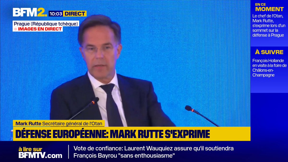 "L'Ukraine est une nation souveraine. [...]Nous devons vraiment arrêter de rendre Poutine trop puissant. Il est le gouverneur du Texas, pas plus. Alors ne le prenons pas trop au sérieux", assure Mark Rutte, secrétaire général de l'OTAN #BFM2