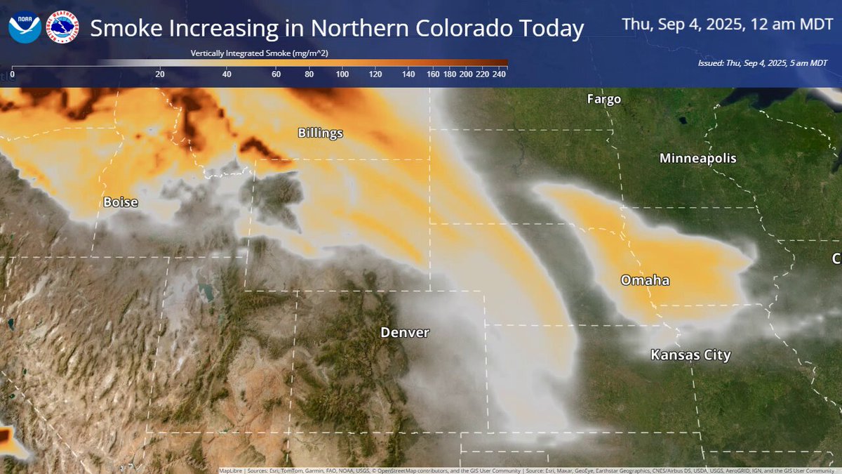 Smoke from distant fires will move into northern Colorado today. This loop shows the plume aloft. Surface smoke will be worst in northeast Colorado this afternoon and in Denver this evening, along a cold front. More info: