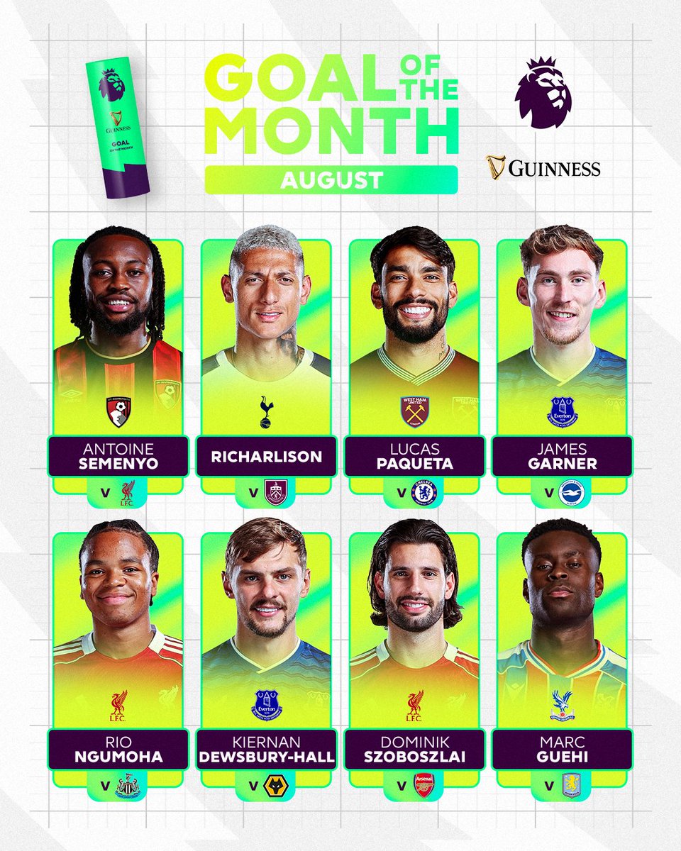 Solo efforts, long-range screamers and stunning volleys 😮💨 But who gets your vote for August's Guinness Goal of the Month? 🗳️