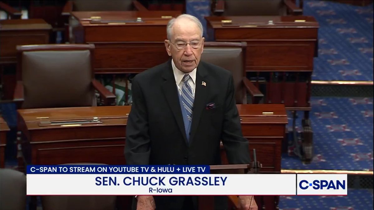 Sen. Chuck Grassley (R-IA): "Yesterday, both Hulu and YouTube announced that YouTubeTV and Hulu+ Live TV will be carrying the C-SPAN networks, so Americans can watch Congress' actions in real time and see our democracy at work through a non-partisan lens."