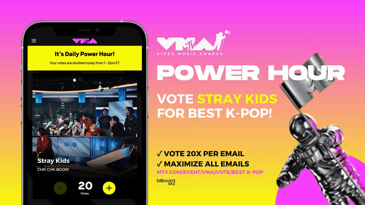 📣 #VMAs BEST K-POP LAST POWER HOUR! STAY, now is the last power hour, and we're in the 2nd to last day of voting. VOTE NOW with all your emails! ✓ 20 votes/email, no email limits ✓ Vote Stray Kids #StrayKids #ChkChkBoom