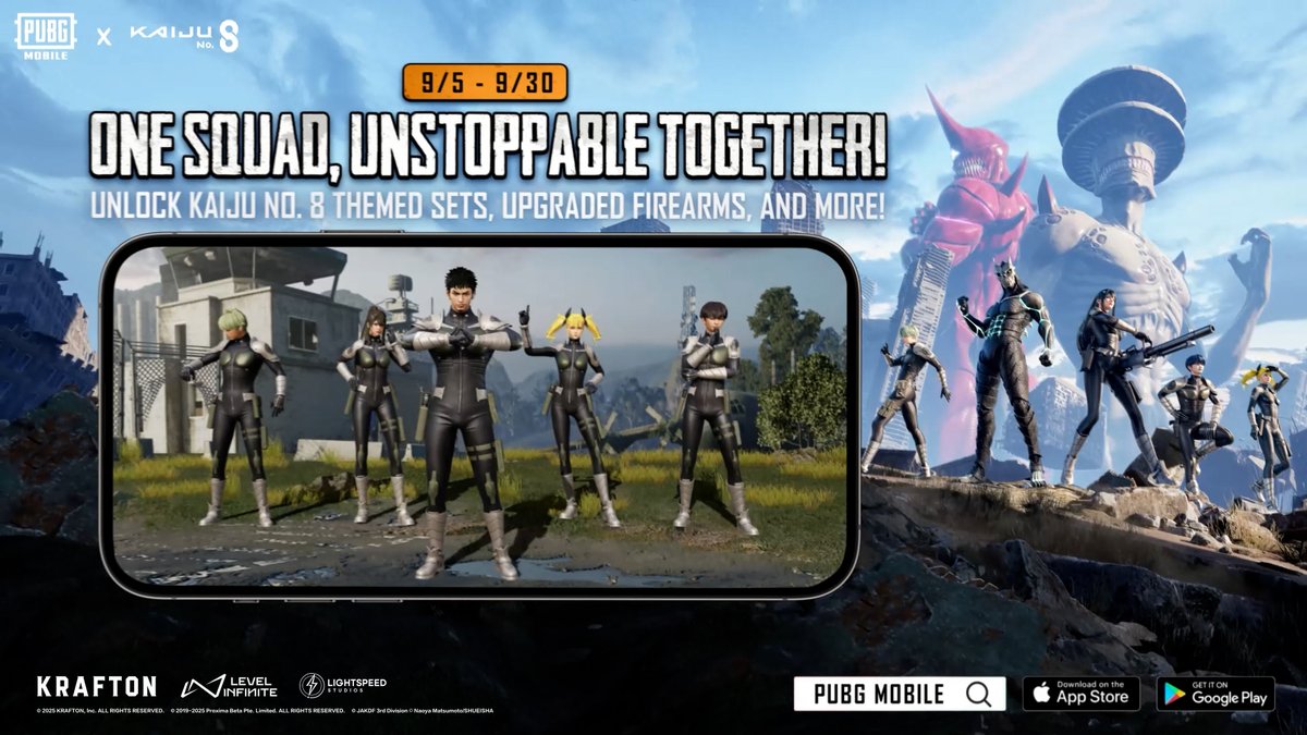 One Squad, Unstoppable Together! The ultimate collaboration between PUBG MOBILE and Kaiju No. 8 has arrived! Forge unbreakable bonds and unleash your squad’s true power with exclusive Kaiju No. 8 content, including: -Squad-themed character sets -Iconic monster sets -Upgradable weapon skins And more! #PUBGMOBILE #PUBGMxKaijuNo8 #KaijuNo8 #kaijuno8anime #hibinokafka