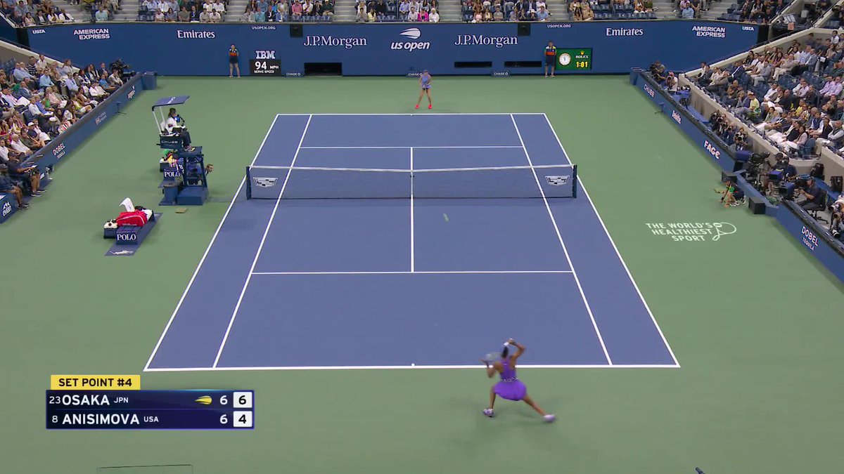 Naomi has the first set after winning the tiebreak. She's one set away from returning to the US Open final.
