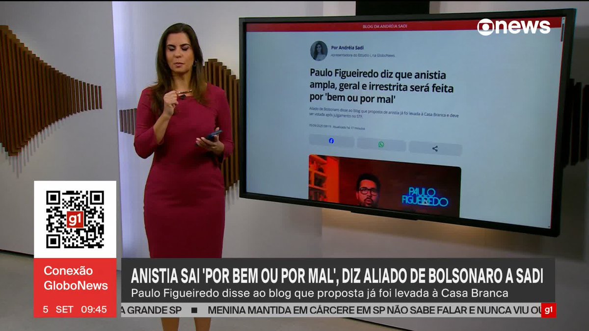 .Andréia Sadi: Paulo Figueiredo diz que anistia ampla, geral e irrestrita será feita por 'bem ou por mal'. #ConexãoGloboNews ➡ Assista na #GloboNews: