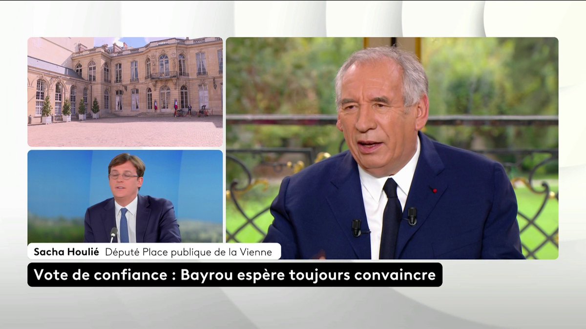 🗣️ Vote de confiance : "François Bayrou a dit 'c'est 44 milliards d'euros, à prendre ou à laisser, et au préalable vous allez me voter la confiance'. Ça ne fonctionne pas comme ça", rappelle le député Place publique Sacha Houlié.