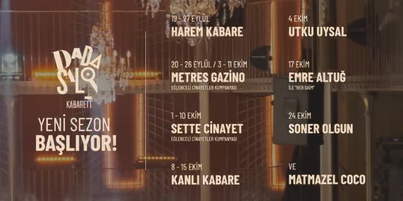 Okan Bayülgen’in İstanbul'a kazandırdığı sıra dışı gösteri mekanları Dada Salon Kabarett, sergilerden, tiyatro oyunlarına; özel etkinliklerden, konserlere kadar bir çok etkinliğe ev sahipliği yapmaya devam ediyor.♥ Program takvimi ve biletler: