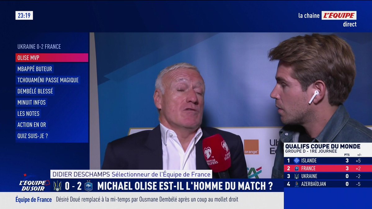 📍🇫🇷 Deschamps annonce que Dembélé devrait revenir au PSG, son ischio-jambiers droit a tiré. Ce n’est pas la même blessure qu’il a eue à Toulouse. Doué devrait rester avec l’équipe de France. C’est juste un coup, une tension à son mollet.