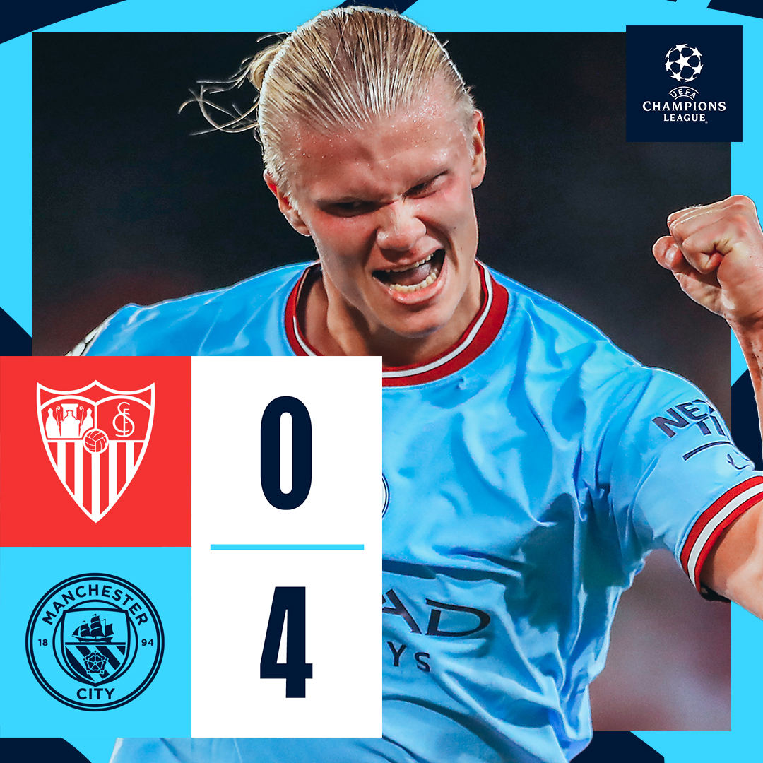 #OnThisDay: Sevilla 0-4 #ManCity [2022] ⚽️ [20', 67'] Erling Haaland ⚽️ [58'] Phil Foden ⚽️ [90+2'] Rúben Dias