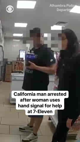 The Alhambra Police Department says a woman used hand signals to discreetly ask for help during a domestic violence incident at a 7-Eleven in Alhambra, California. Officers responded after someone recognized the signal and called authorities. When officers moved to search the suspect, identified as John Palombi of Glendora, he tried to flee but was quickly caught in the parking lot. Police say Palombi was booked into the APD Jail and found to have an active warrant and a stun gun on him.