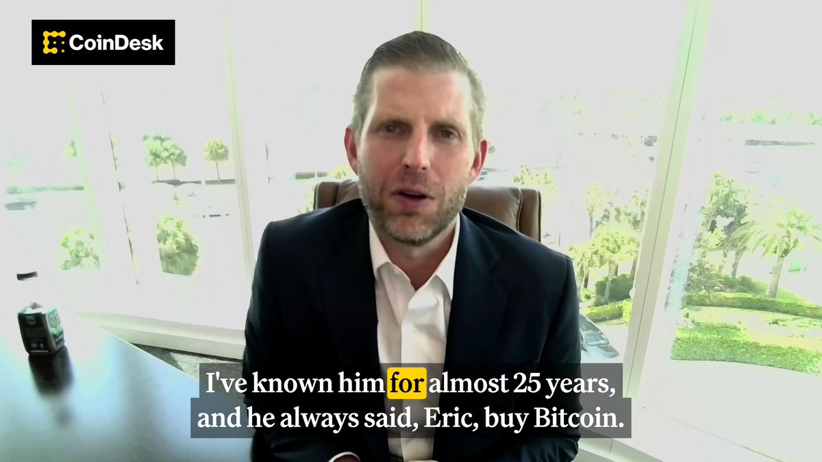 🔑 : EXCLUSIVE: @AmericanBTC co-founder and CSO, Eric Trump, says "de-banking was 100% the catalyst" that got his family into digital assets, praising crypto innovators and highlighting the "American initiative" behind their involvement. Thank you to Midnight 👋 for being a sponsor of the CoinDesk media network.
