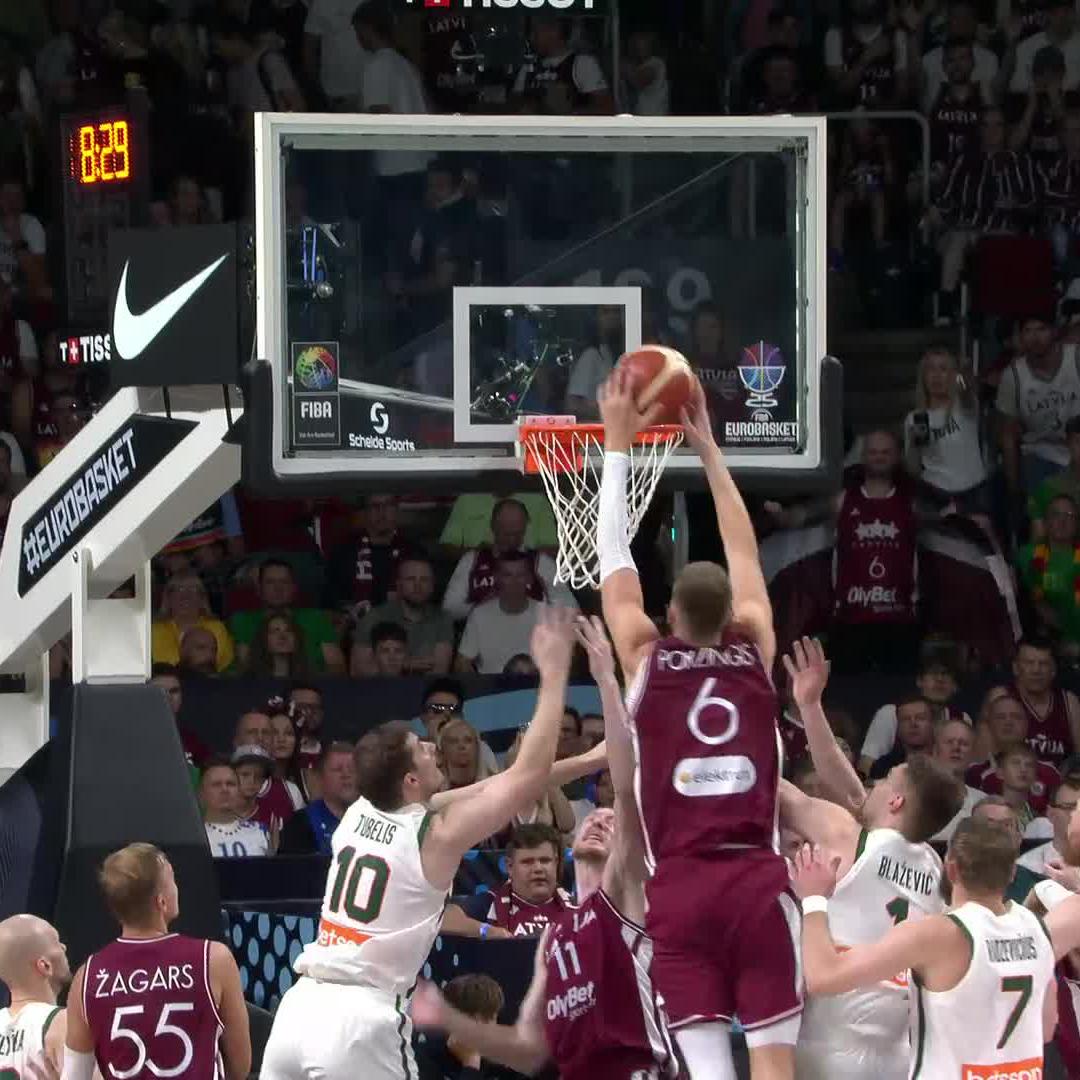 He's called "The Unicorn" for a reason... 🦄 Kristaps Porzingis puts back his own three-point attempt. #EuroBasket | #MakeYourMark
