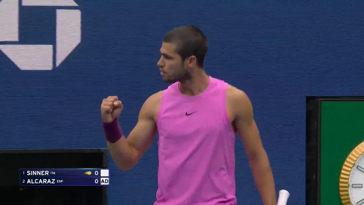 Carlos Alcaraz breaks in the first game of the match.