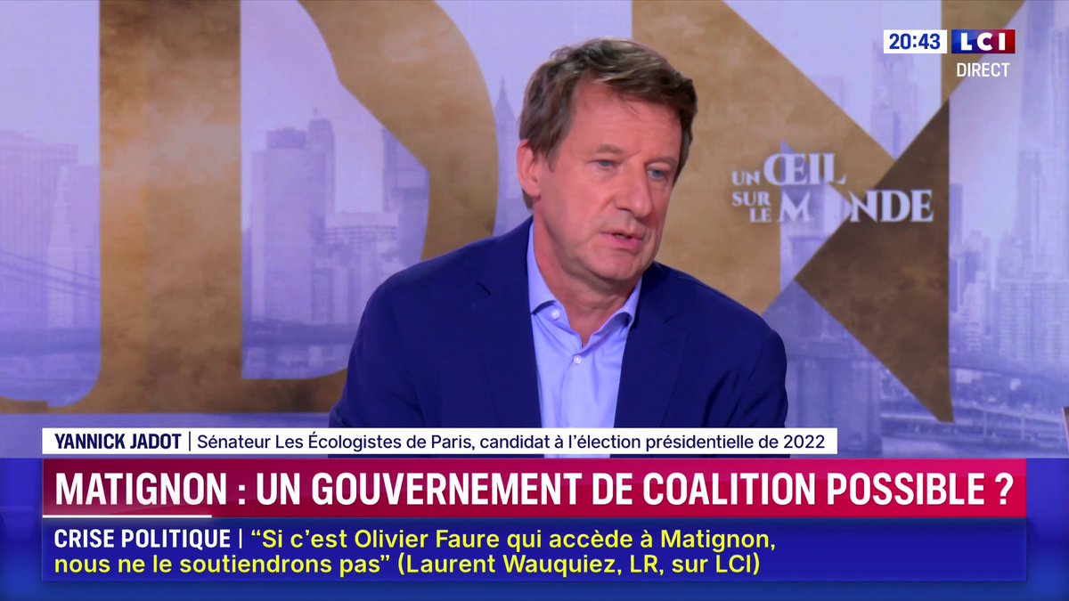 🔴 Yannick Jadot (Les Écologistes) appelle sur LCI à « un pacte républicain » avec le bloc central