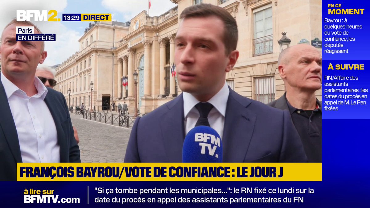"Ce n'est pas nous qui renversons ce gouvernement, c'est ce gouvernement qui a décidé lui-même de chuter" Le président du RN Jordan Bardella s'exprime avant le vote de confiance #BFM2