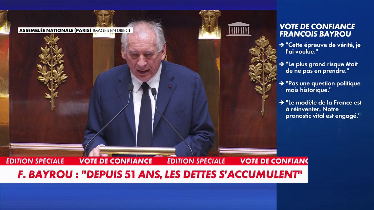 François Bayrou face au vote de confiance de l'Assemblée : «La soumission à la dette, c'est comme la soumission par la force militaire. Dominés par les armes ou dominés par nos créanciers du fait d'une dette qui nous submerge, dans les deux cas nous perdons notre liberté.»